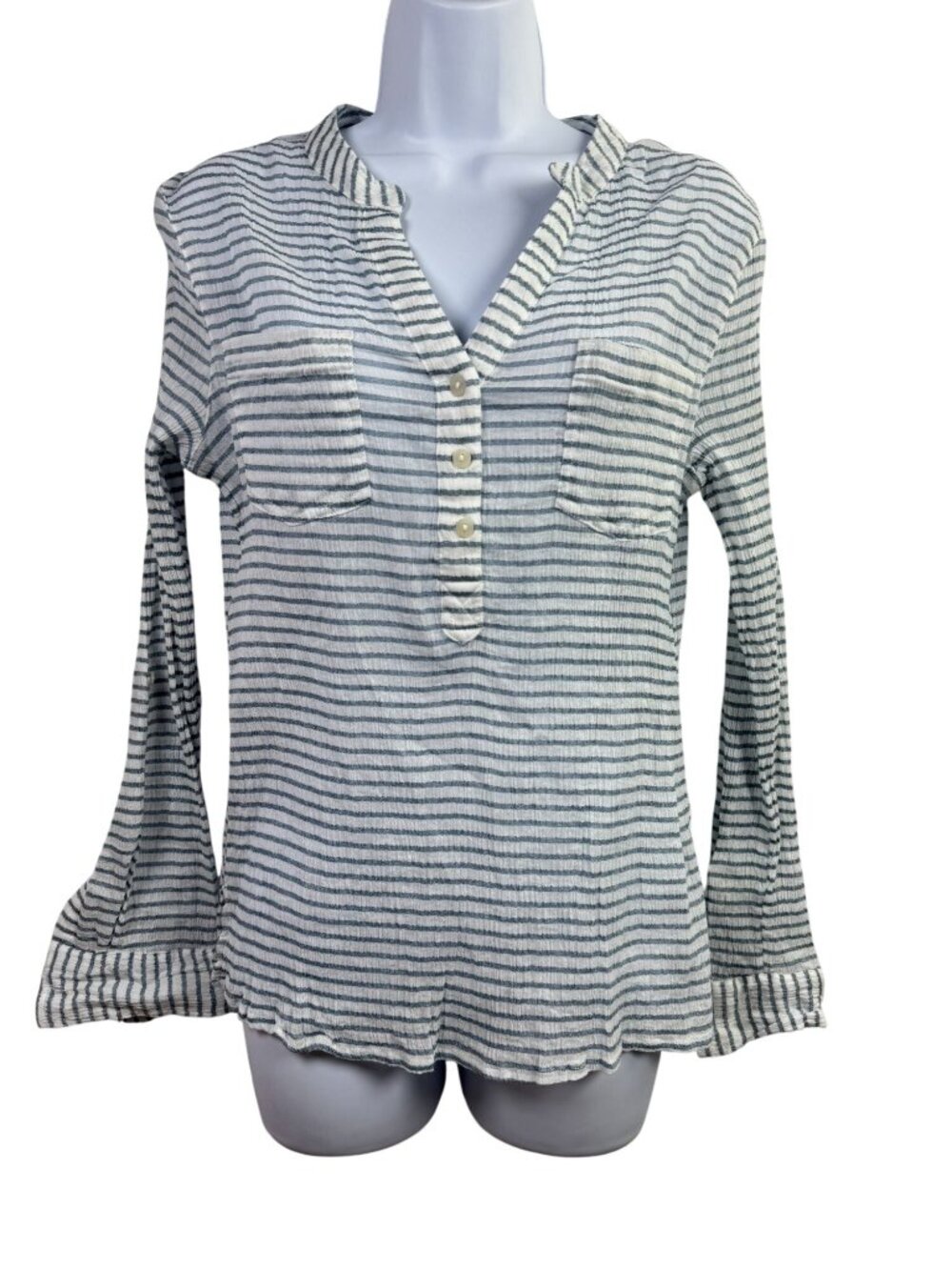 Carve Designs Women Blue White gauzy Striped Long Sleeve Popover Top Size Medium